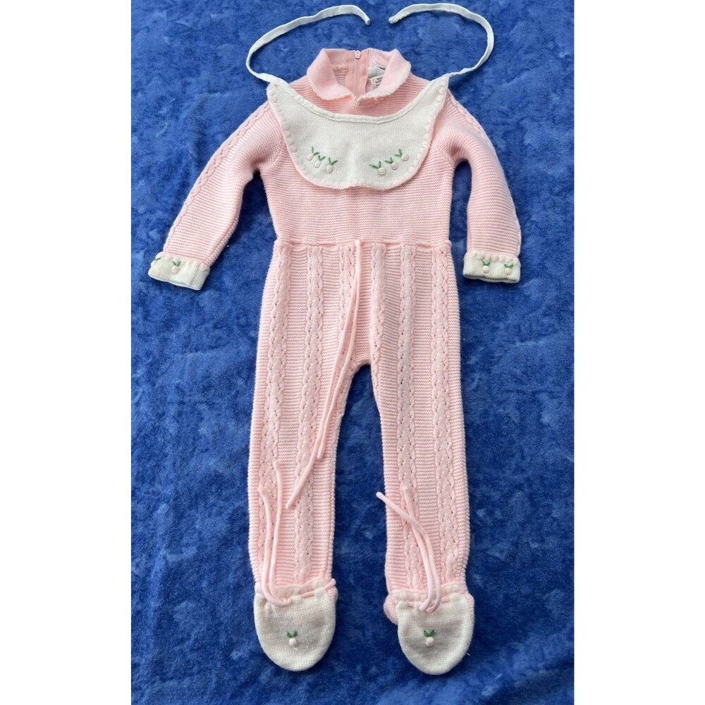 Vintage Petit Jouet Pink Baby Girls 2pc Footed Romper/Bib Flowers Size 6 Months